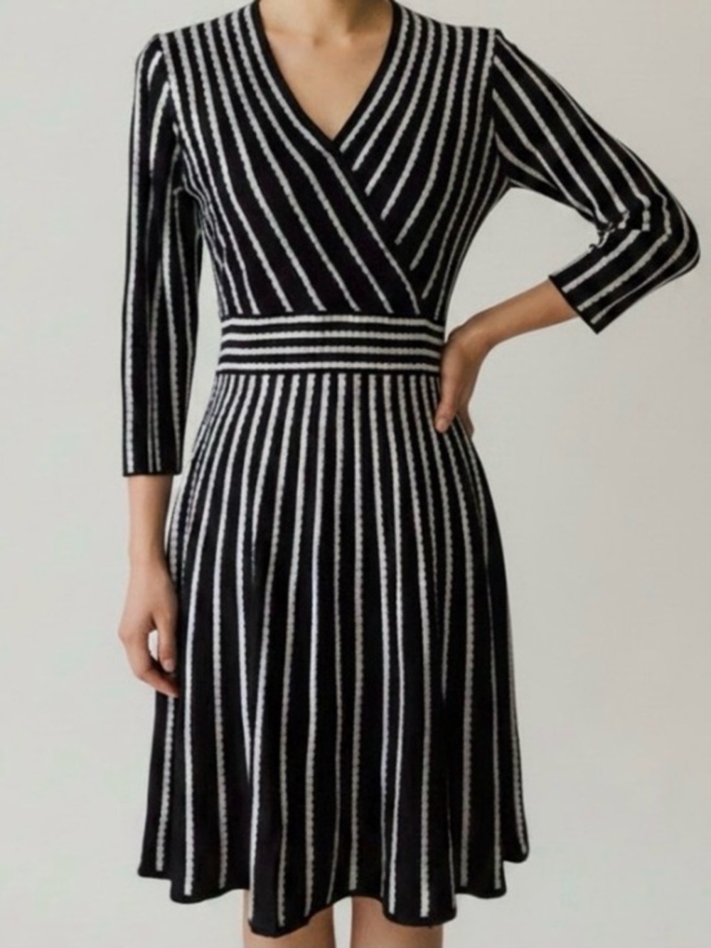 Calvin Klein Black & White Stripe Ribbed V-Neck A-Line Faux Wrap Dress Size S